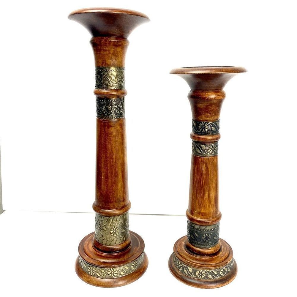 Large Boho Midcentury Inspired Wood Brass Candlesticks Pillars 17” & 14” Tall